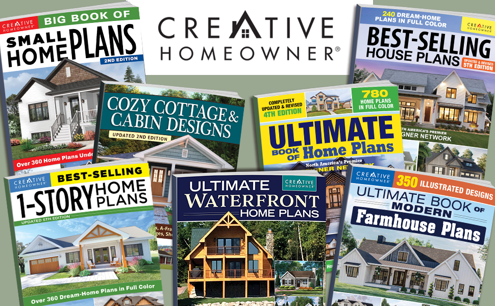 Spread of 7 home plan books including Cozy Cottage, Cabin Designs, with text, Creative Homeowner