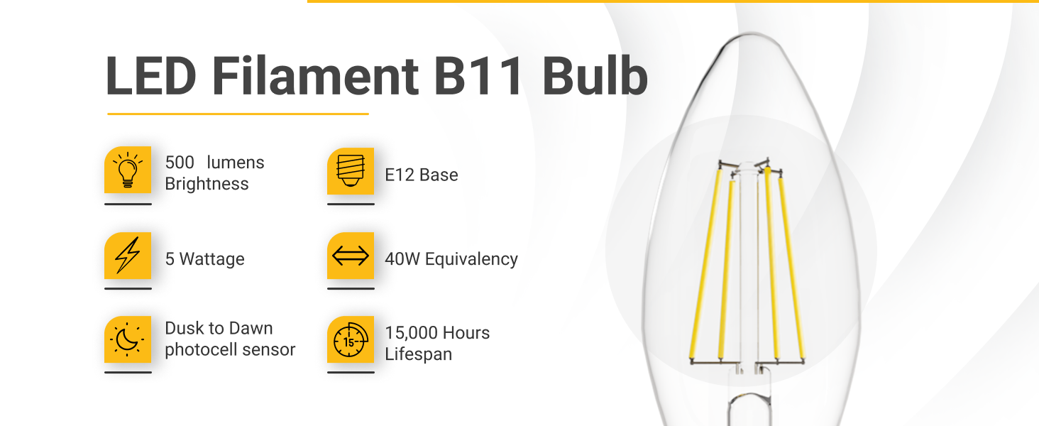 500 lumens brightness, D2D photocell sensor, E12 Base, 5W, 40W equivalency, 15,000 hours lifespan
