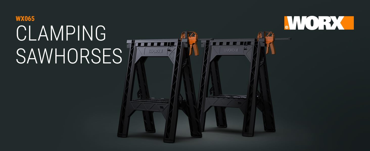 WORX Clamping Sawhorse Pair with Bar Clamps, Built-in Shelf and Cord Hooks – WX065