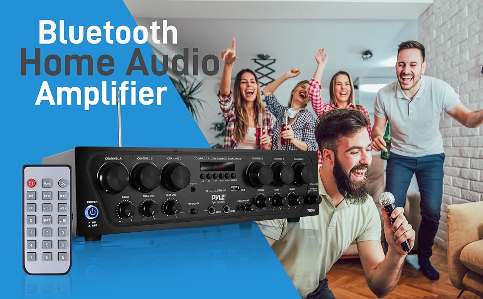 Bluetooth Home Audio Amplifier System - Upgraded 6 Channel 750 Watt Wireless Home Audio Sound Power
