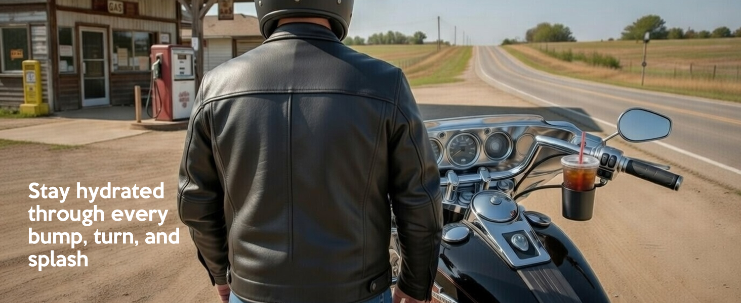 person using water bottle holder for motorcycle
