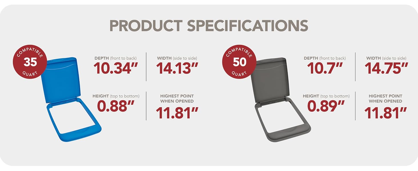 Dimensions of the Rev-A-Shelf 35 qt and 50 qt container lids. Text reads: Product Specifications.