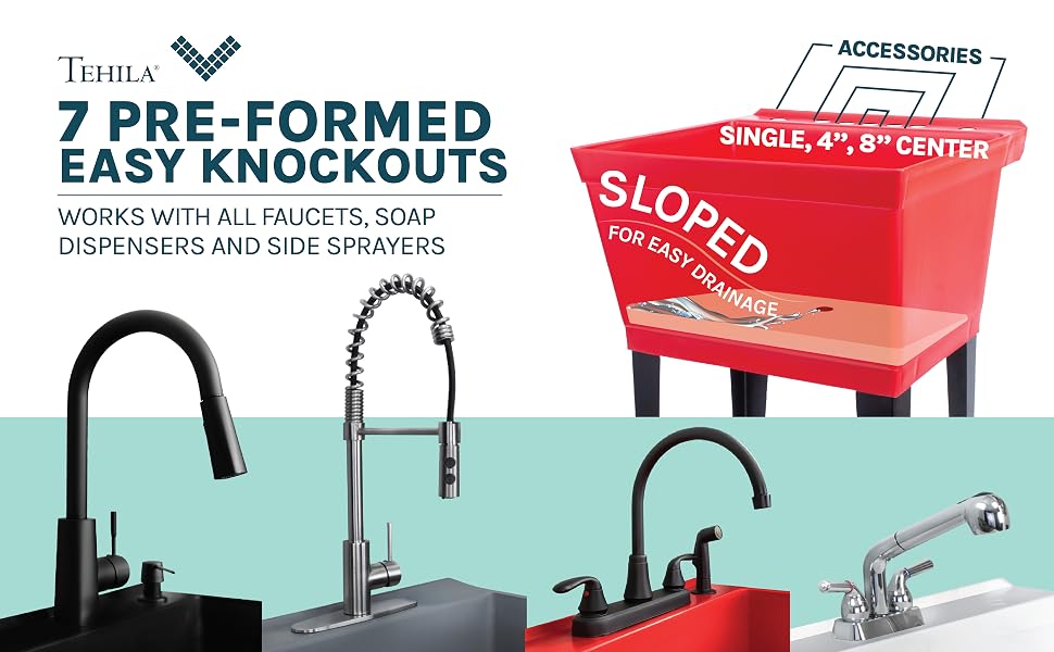 Tehila Utility Sink Laundry Tub Universal Fit for all Faucet Types, 7 preformed knockout holes
