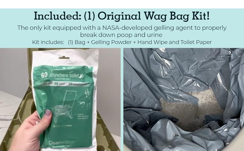 Included - 1 Original Wag Bag Kit - with gelling agent, hand wipe, toilet paper