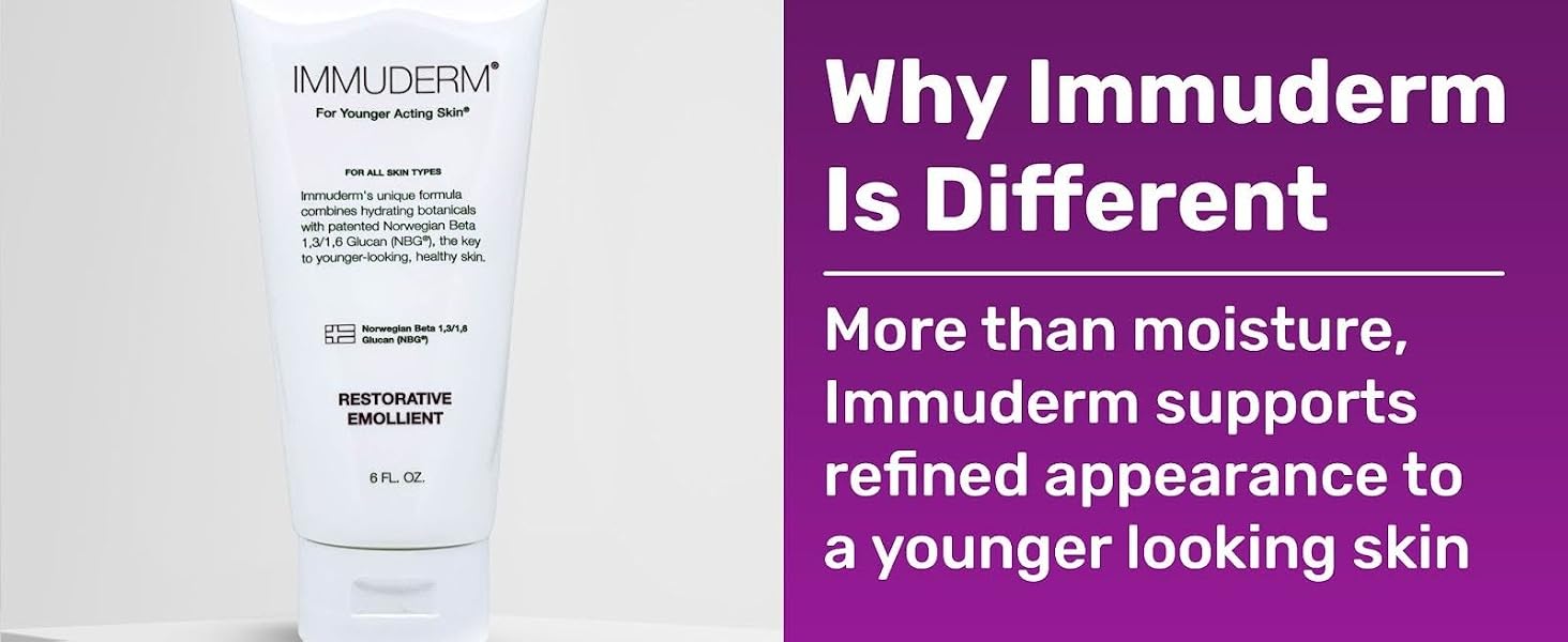 Immuderm restorative emollient cream tube with patented Norwegian Beta Glucan for refined skin.