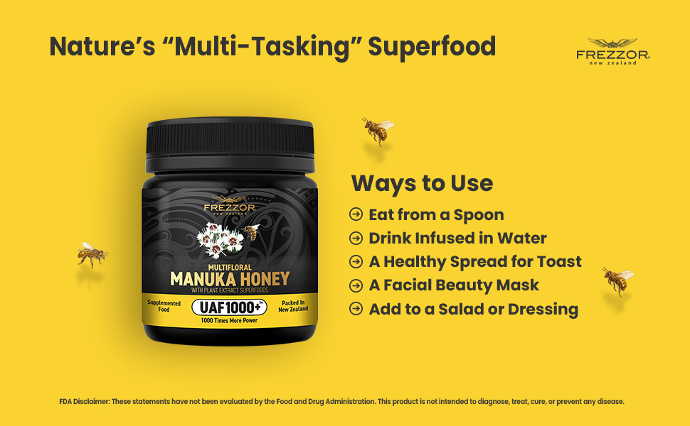 FREZZOR Premium Raw Multifloral Manuka Honey New Zealand with UAF1000+ Super Antioxidant infused