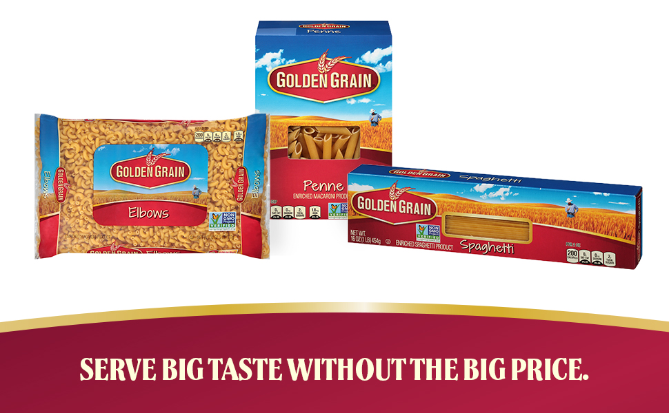 Golden Grain pasta with elbows penne and spaghtetti serve big tasate without the big price