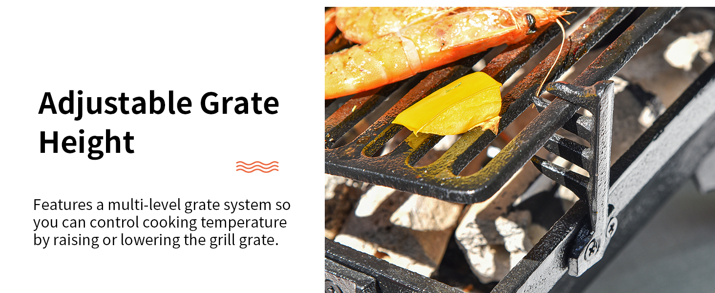 Adjustable grate height for four different temperatures,from high to low