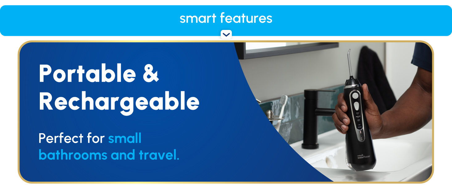Image of Waterpik Cordless Advanced water flosser with text reading portable &amp;amp; rechargeable.