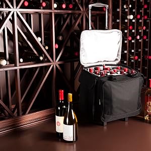 Black 12-bottle wine cooler with telescoping handle; insulated lid shown open in a cellar