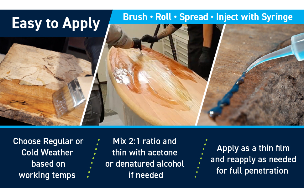 TotalBoat Penetrating Epoxy Resin Shown with Brush Spread and Inject Applications