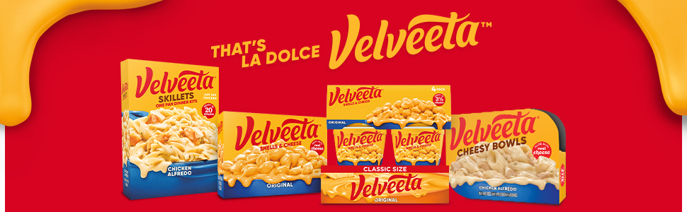Thats La Dolce Velveeta Headline and images of Velveeta packs.