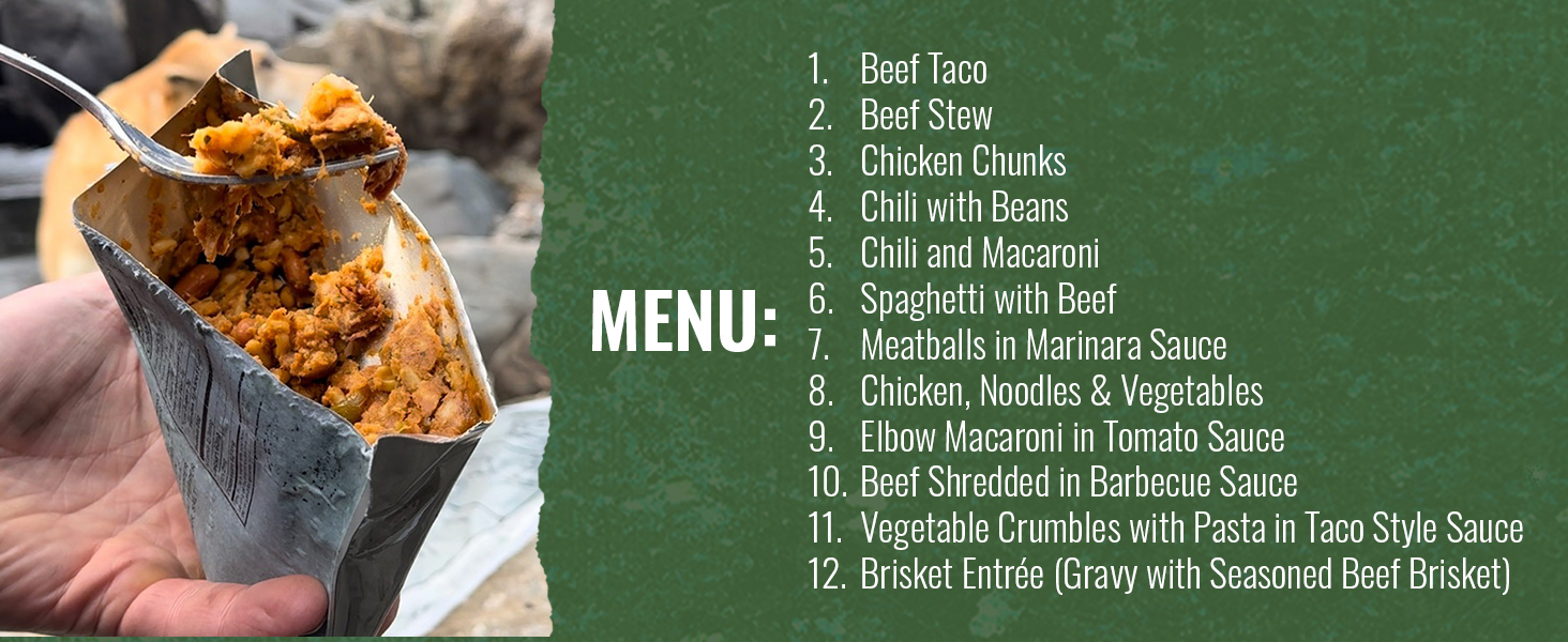 Beed Taco, Beef stew, chicken chunks, chili macaroni meatballs noodles barbecue sauce