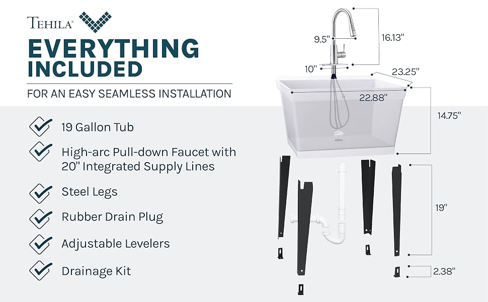 Tehila Utility Sink Laundry Tub Faucet with Integrated Supply Lines Rubber Drain Plug Drainage Kit