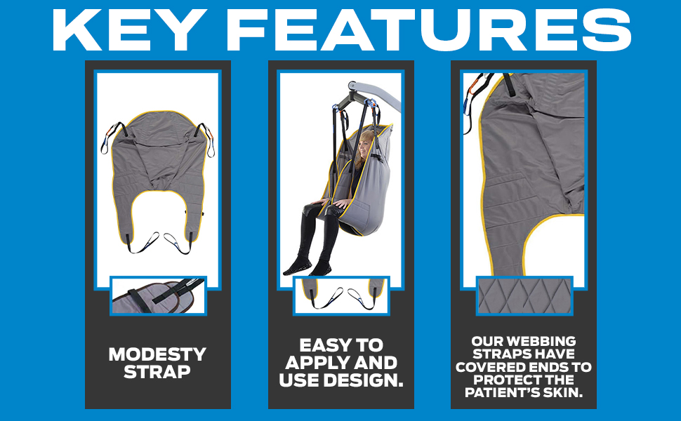 Key features include Dignity Strap, easy to apply design, protected strap ends