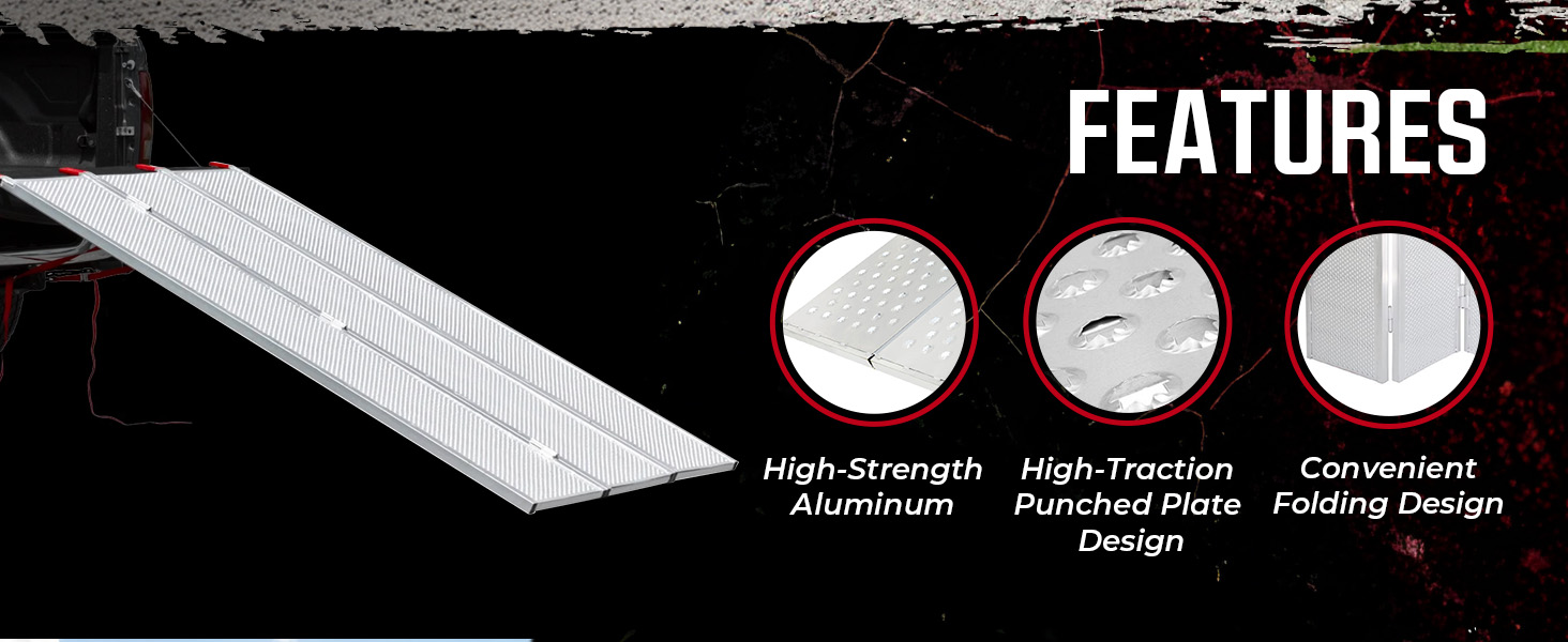 A close-up of Black Widow 6’ 5” Punch Plate Aluminum Wide ATV Ramp with its features.