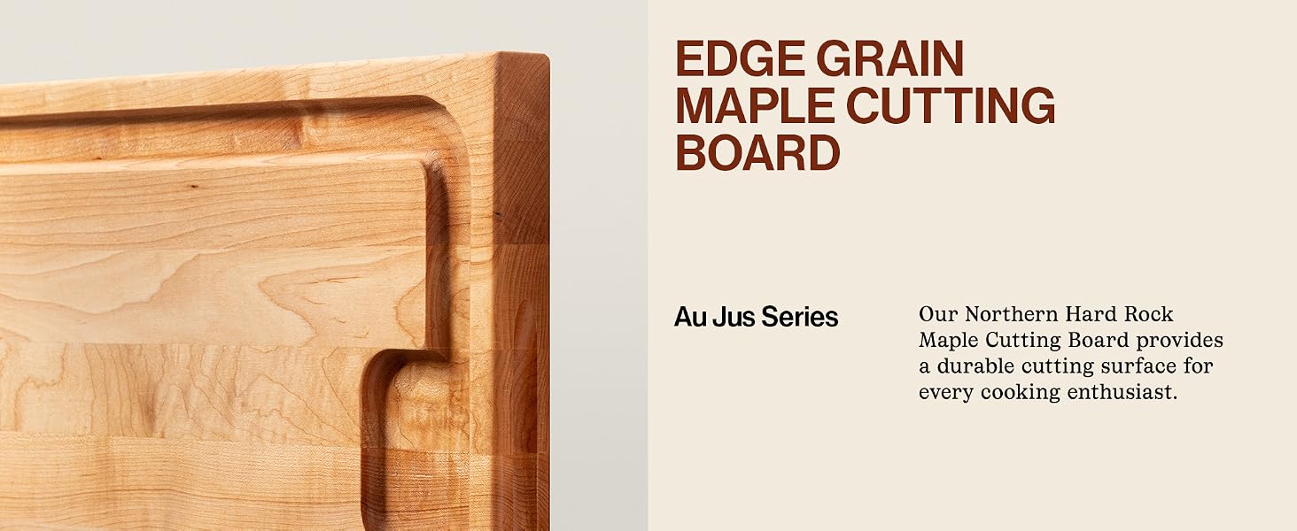 Cutting board rounded edge close-up. Text: Edge Grain Maple Cutting Board.
