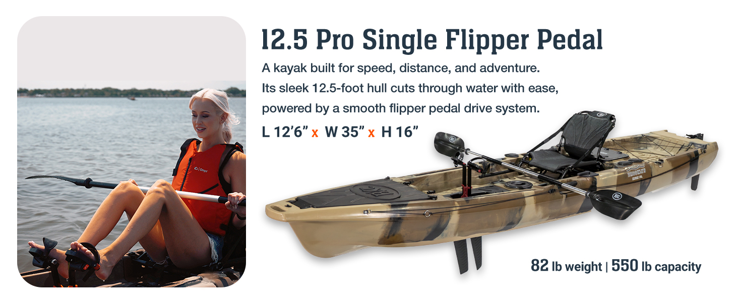 12.5 pro single flipper pedal kayak with woman in life vest