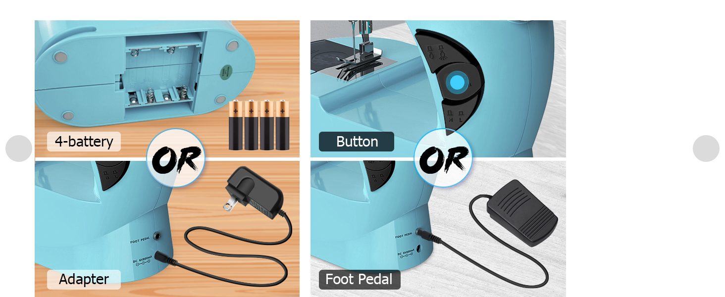 Sewing machine accessory options. Light blue machine with choice of 4-battery power, adapter, button function, or foot pedal control.
