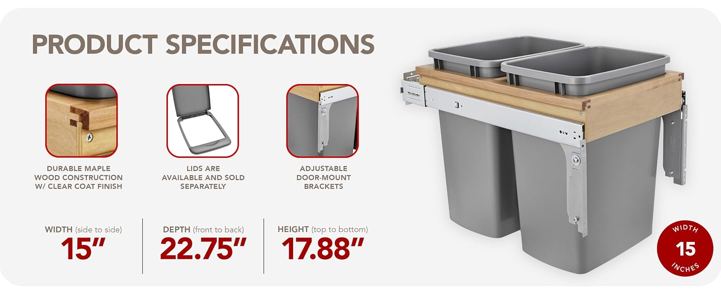 Rev-A-Shelf Pull Out Top Mount Trash Can w/ Soft-Close, 35 Qt, 4WCTM-18BBSCDM2