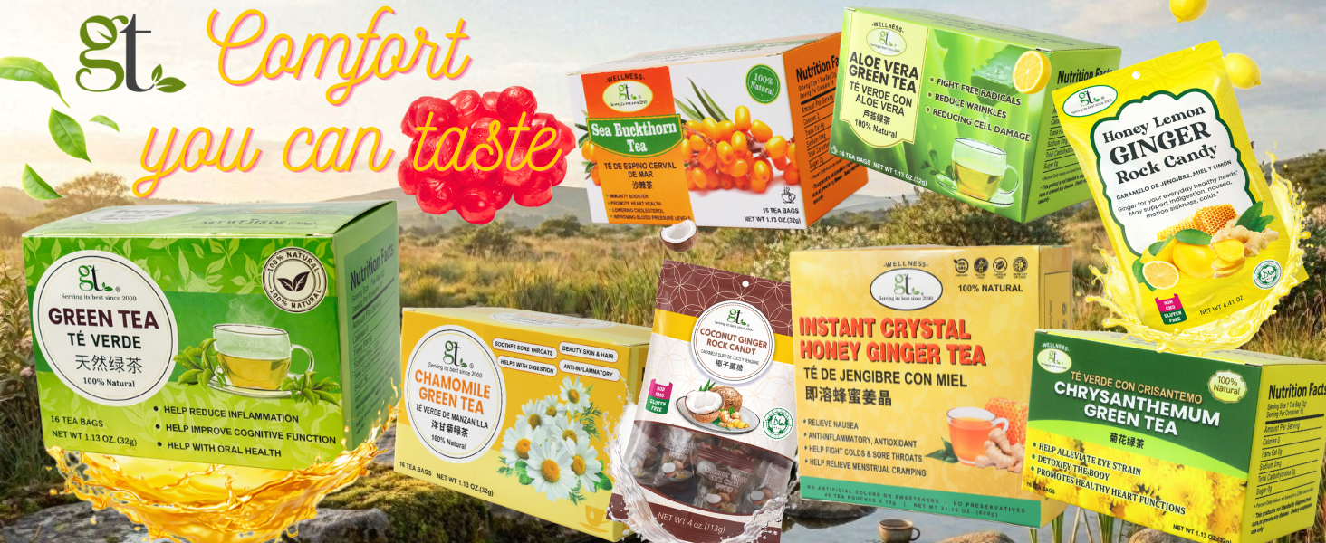An image of GT candy and tea with text saying Comfort you can taste
