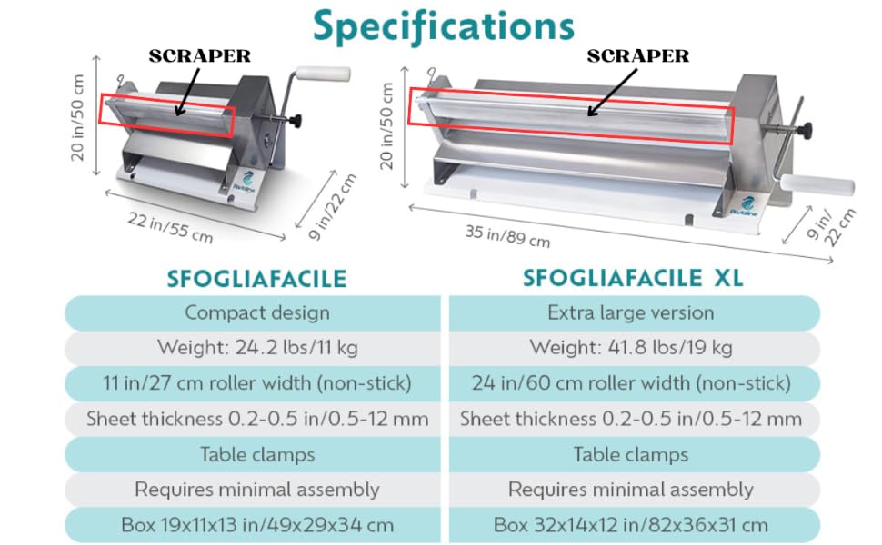 Specifications comparison of two manual pasta machines: Sfogliafacile and Sfogliafacile XL, detailing dimensions, weight, and roller width for each model.