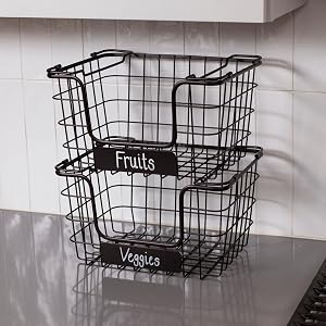 fruit basket stand, fruit basket, basket stand with chalk labels, kitchen organization, storage