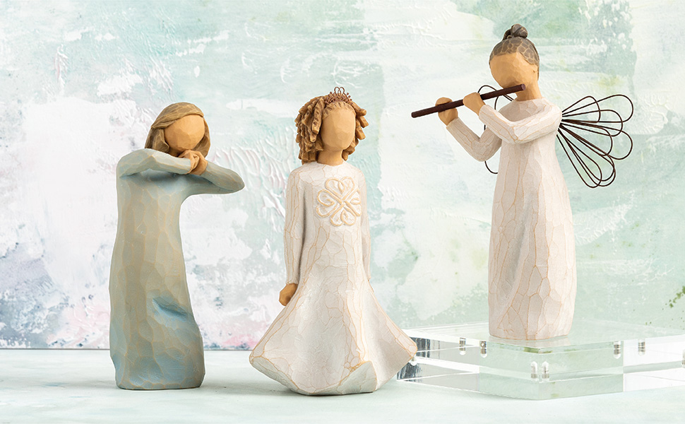 Various Willow Tree figures expressing love of music, dancing, and playing a musical instrument