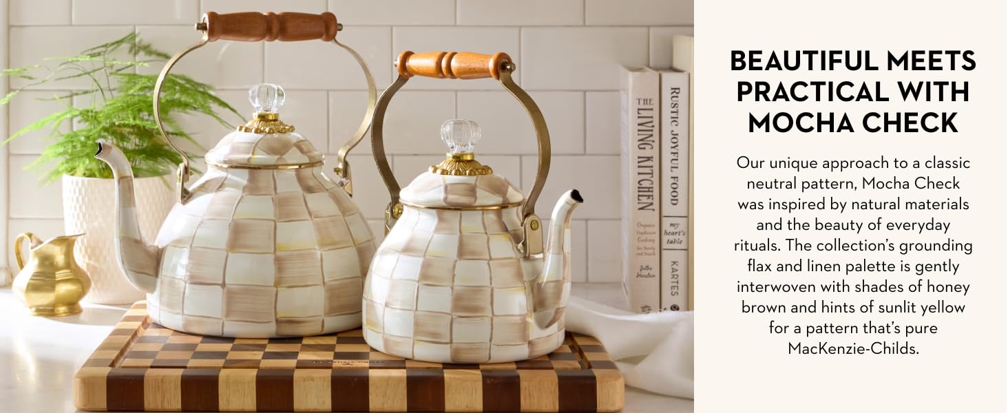Mocha Check, the new neutral check pattern, two tea kettles, kitchen decor.