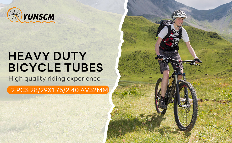 YUNSCM heavy duty bicycle tubes package advertising, showing specifications 29/27X1.75/2.40 AV/32MM alongside mountain biking action shot.