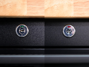 Detailed view of keyed lock, designed to restrict access - ensuring tools stay safe and secure