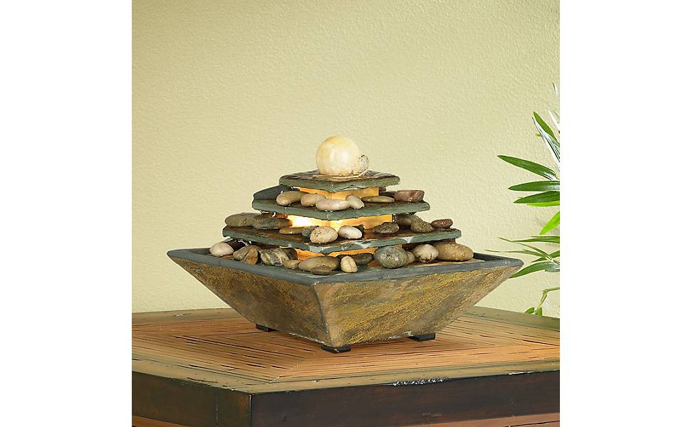 Pyramid 9" High Slate Stone Feng Shui Table Fountain with LED Light