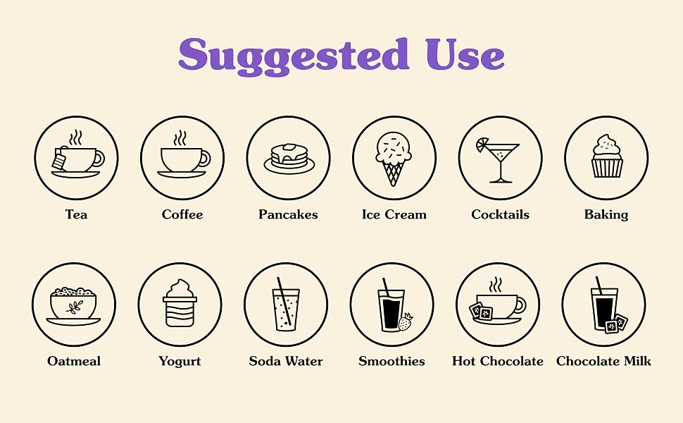 Suggested Use: tea, coffee, pancakes, ice cream, cocktails, baking, oatmeal, yogurt, soda water
