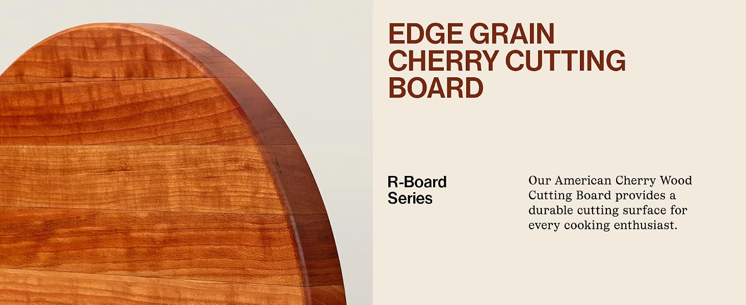 Close-up of round cherry cutting board. Text: EDGE GRAIN CHERRY CUTTING BOARD
