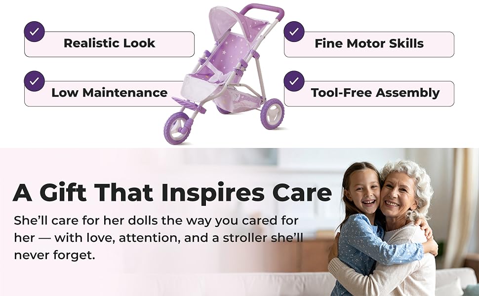 doll stroller on top and grandma hugging her granddaughter underneath