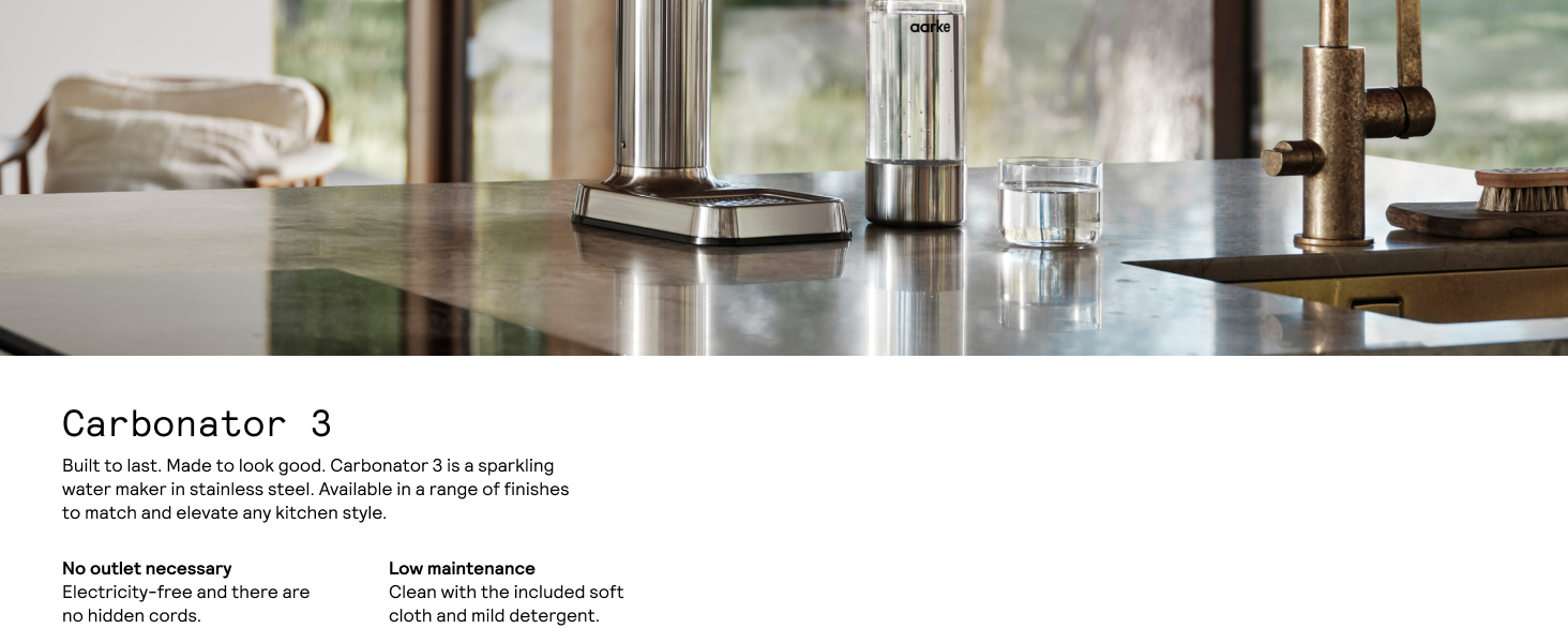 Bottom half of stainless steel Carbonator 3 on kitchen counter with accompanying text