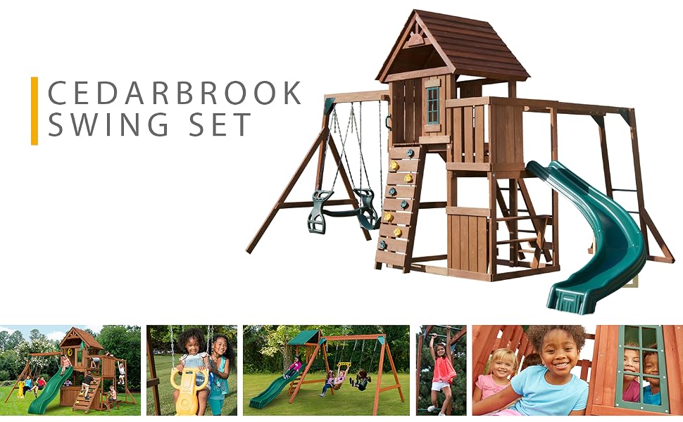 swing set, wooden swing set, swing set for kids, cedarbrook, backyard swing set, wooden playset