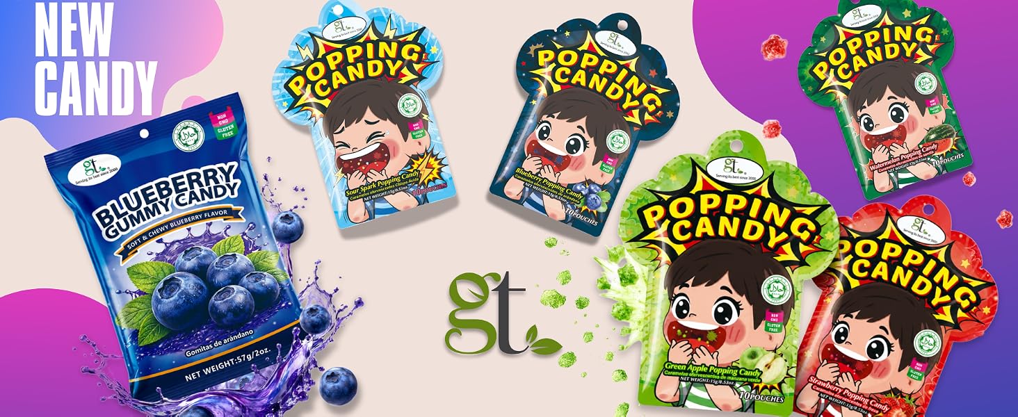 Image of GT blueberry candy, and multiple flavors of GT Popping candy