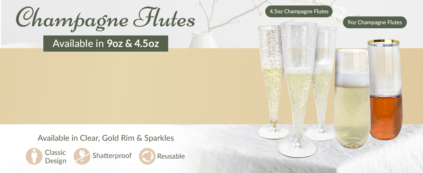 Champagne Flutes disposable reusable plastic flutes 4.5oz 9oz