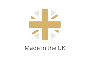 Text reads 'Made in the UK'. Gold cross symbol with radiating lines above text on white background.