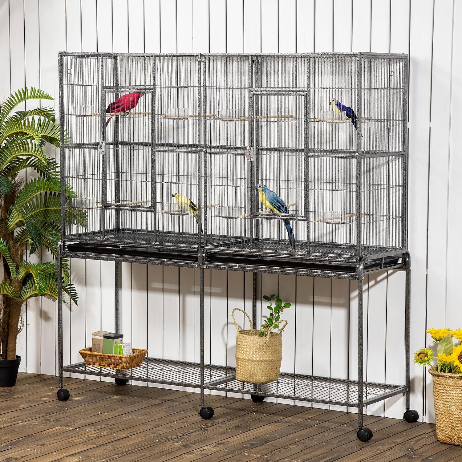 PawHut 65" Double Rolling Metal Bird Cage with Divider, Large Parrot Cage for Parakeet, Canaries, Lovebirds, Budgie, Finch