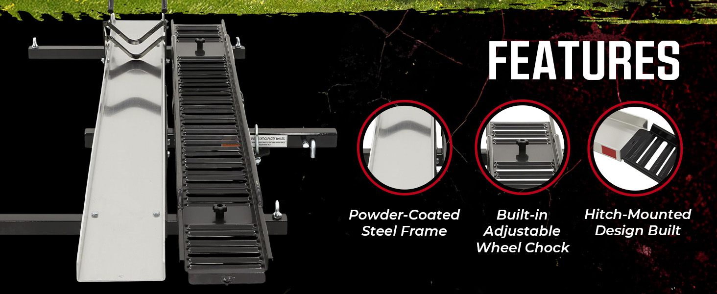 Highlighted features of the motorcycle dolly include aluminum build, ride-on, and caster locks.