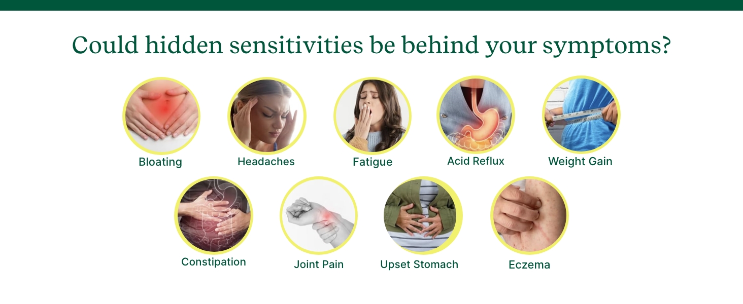 Highlights symptoms like bloating headache and fatigue suggesting a food intolerance test kit