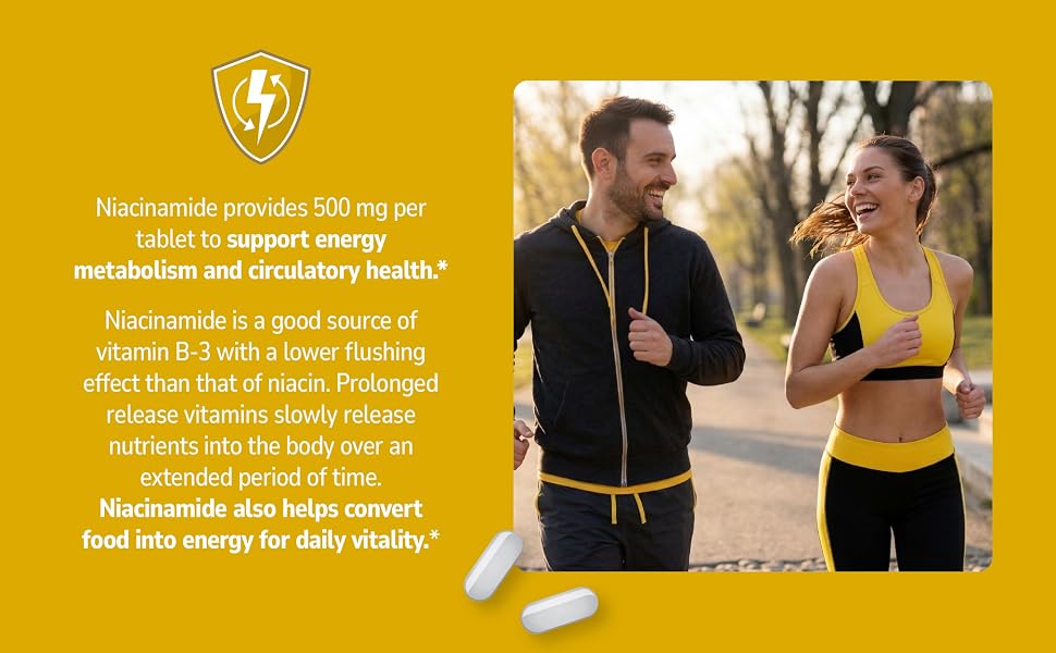 Niacinamide provides 500 mg per tablet to support energy metabolism and circulatory health