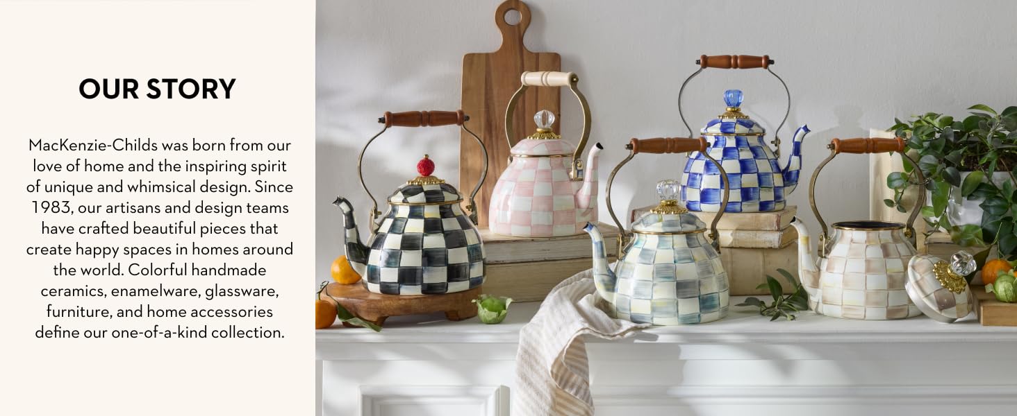 Text reads: &amp;amp;amp;#34;Our story.&amp;amp;amp;#34; Showing five check patterns on tea kettles.