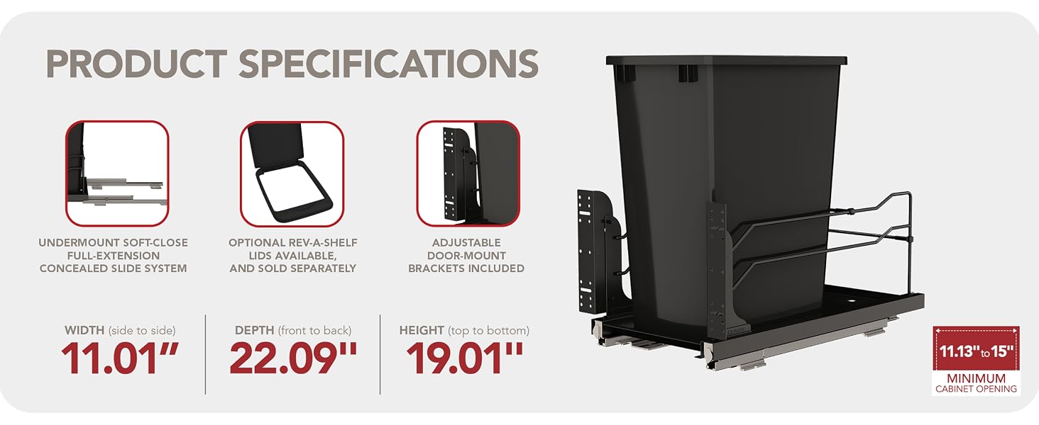 Waste container dimensions and features with product diagrams.