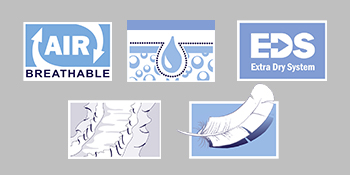 icons for product features; air breathable, absorbency, EDS, side gathers, &amp; softness.