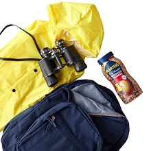 backpack and rain jacket with planters peanuts