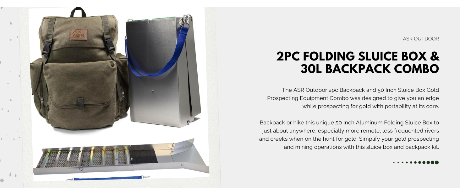 Two piece backpack and sluice box combo main image product banner with description text