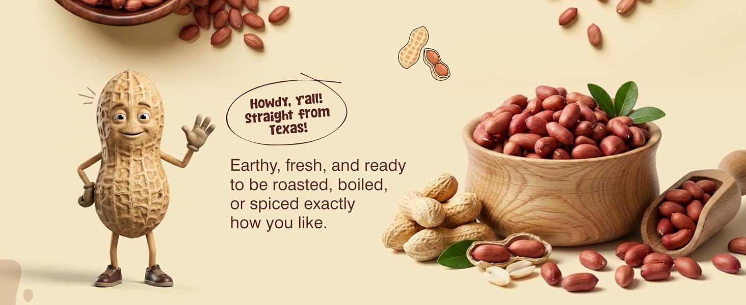 Aiva raw Spanish peanuts shown with peanut character, bowl, and pouch.